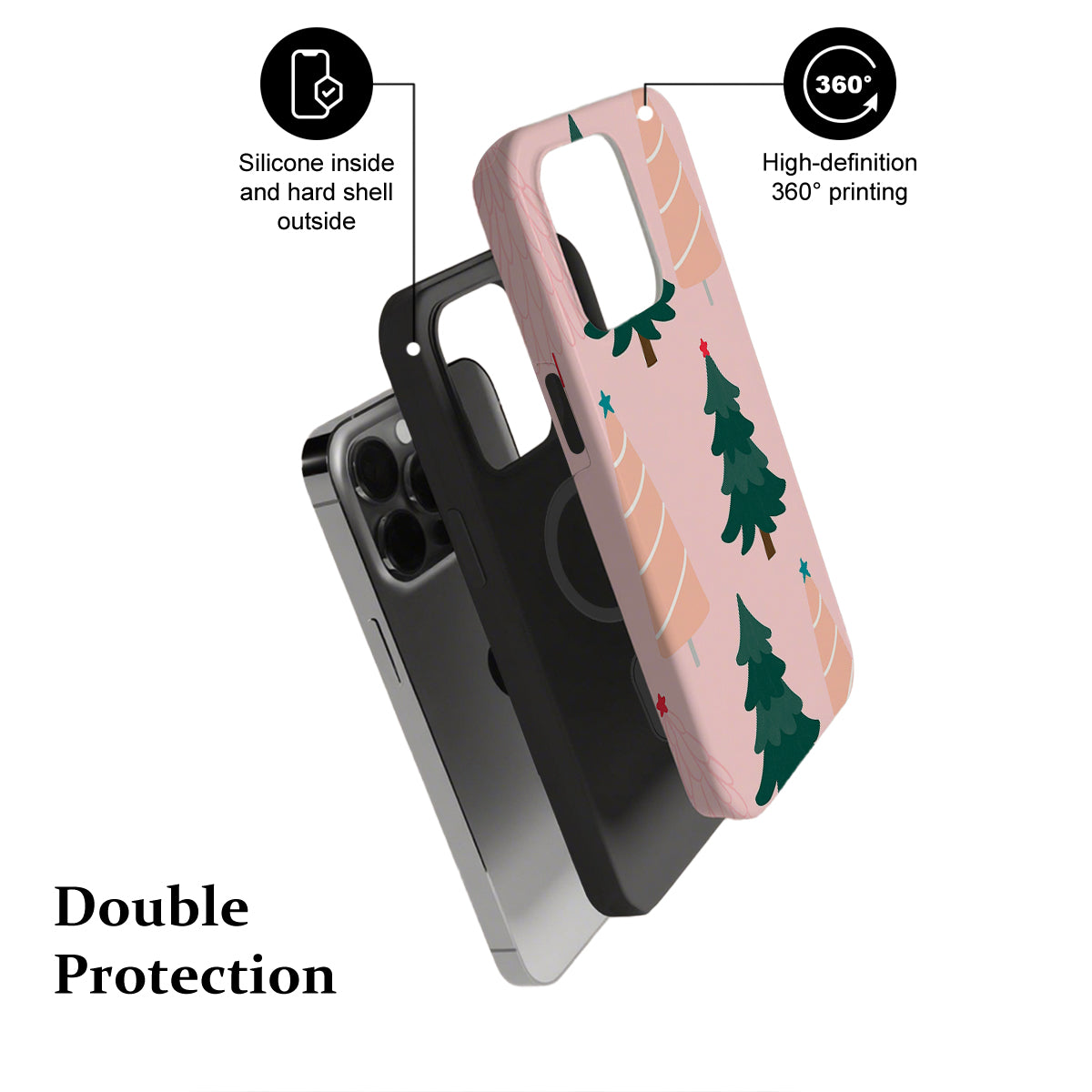 Phone case with green tree pattern on a white background