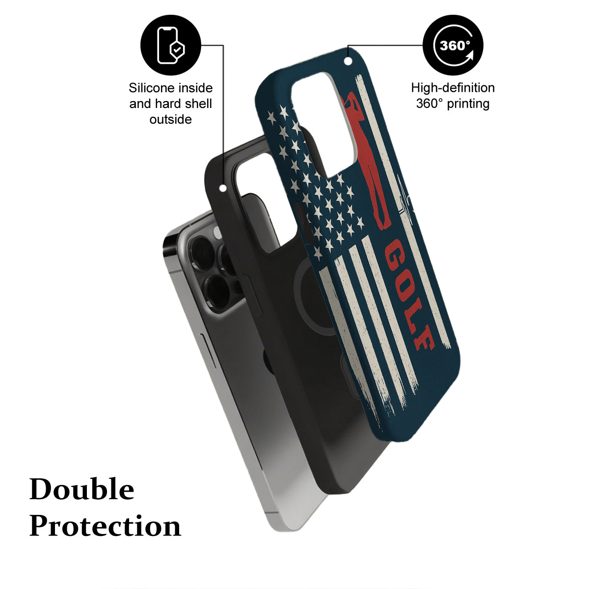 Phone case with American flag design and 'GOLF' text, featuring text labels on a white background.
