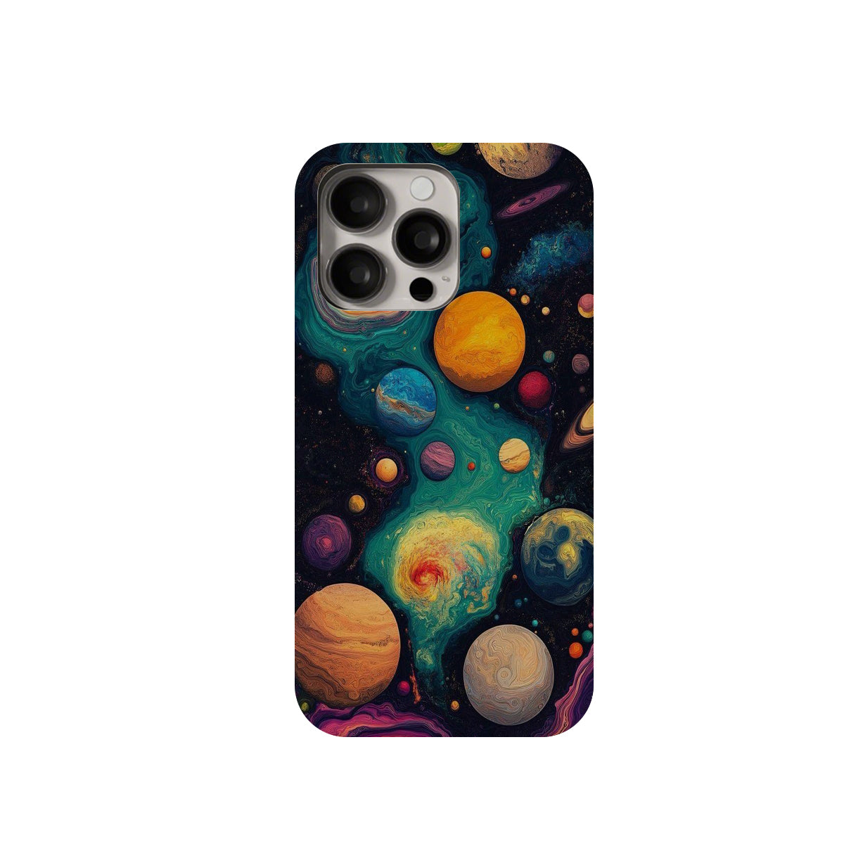Phone case with colorful planet design on a white background