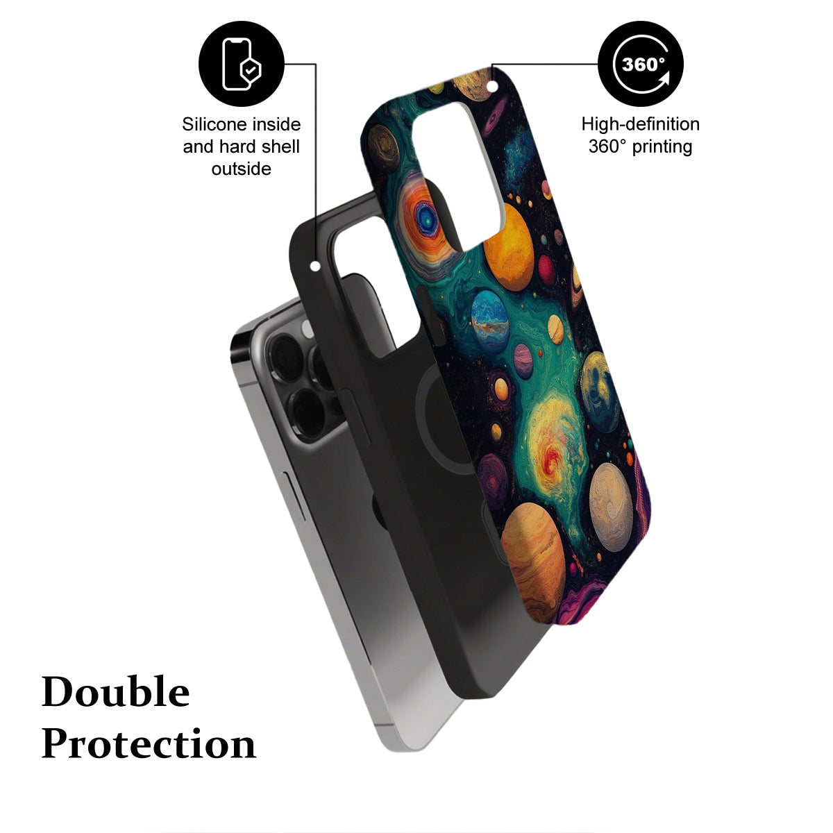 Phone case with space-themed design and text highlighting features on a white background