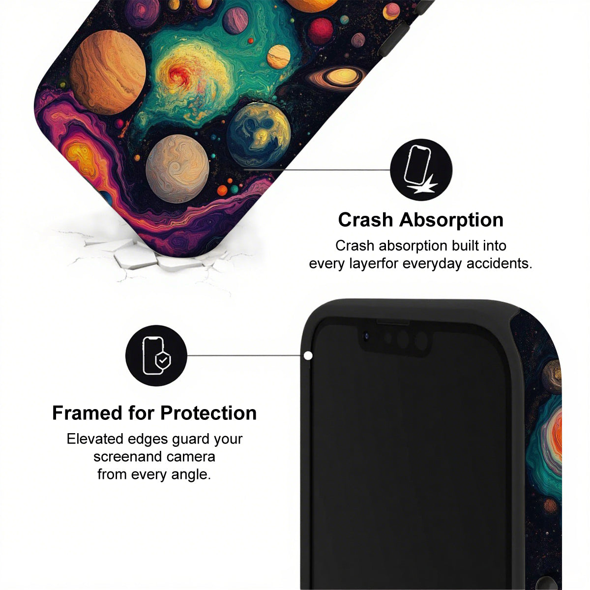 Phone case with space-themed design and text highlighting crash absorption and protection features.