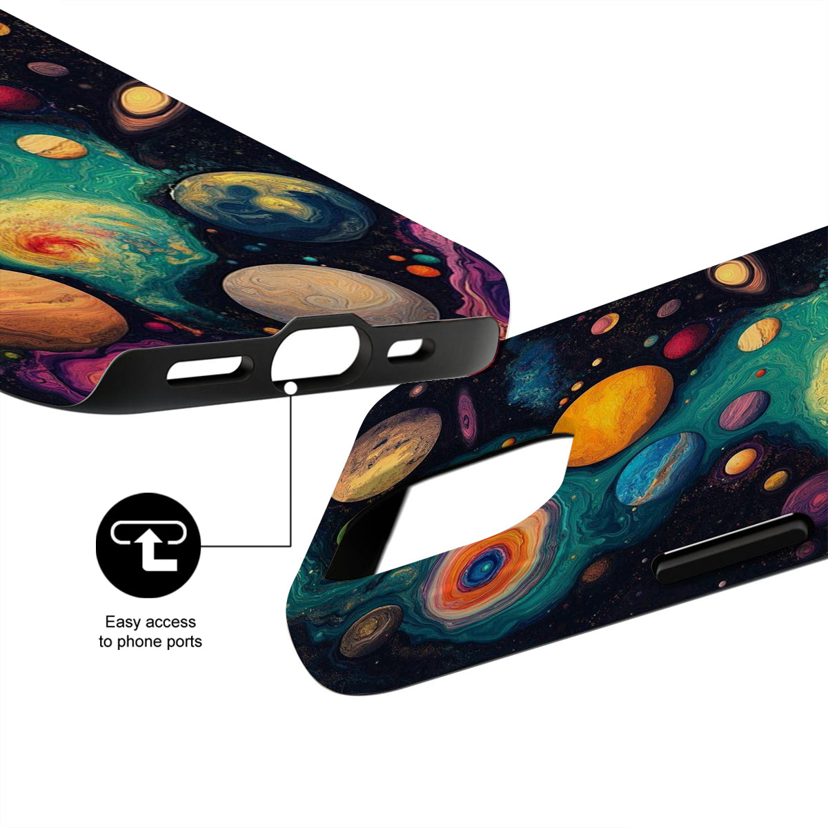 Phone case with space-themed design and easy access to phone ports feature