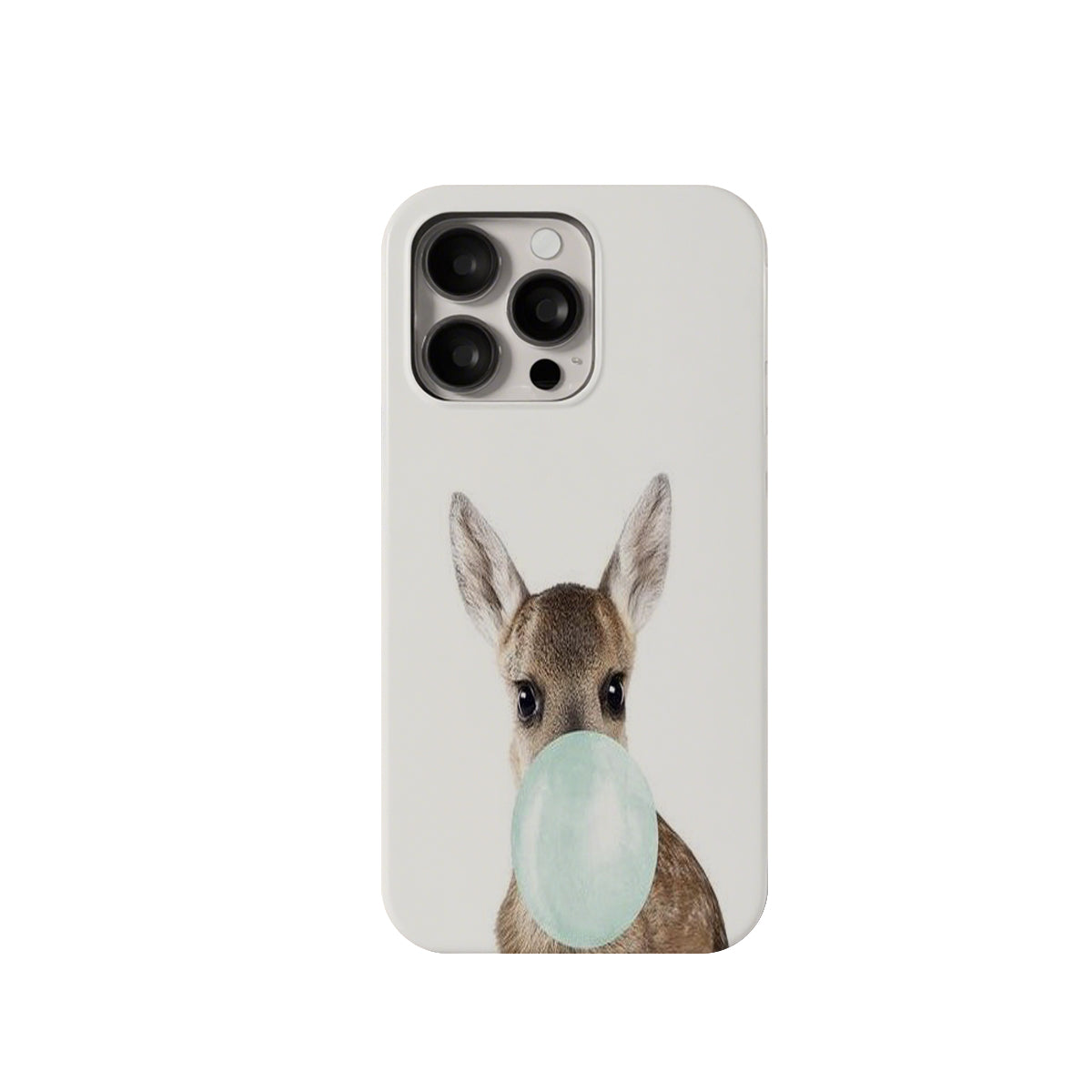 Phone case with a deer design blowing a bubble on a white background