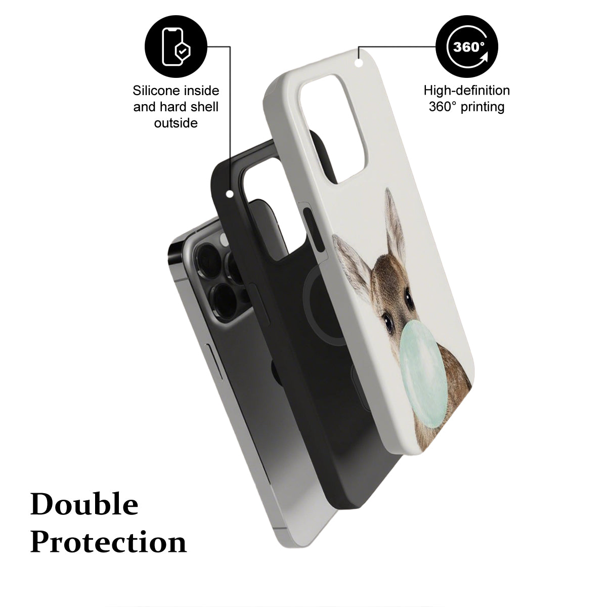 Phone case with rabbit design and text highlighting features on a white background