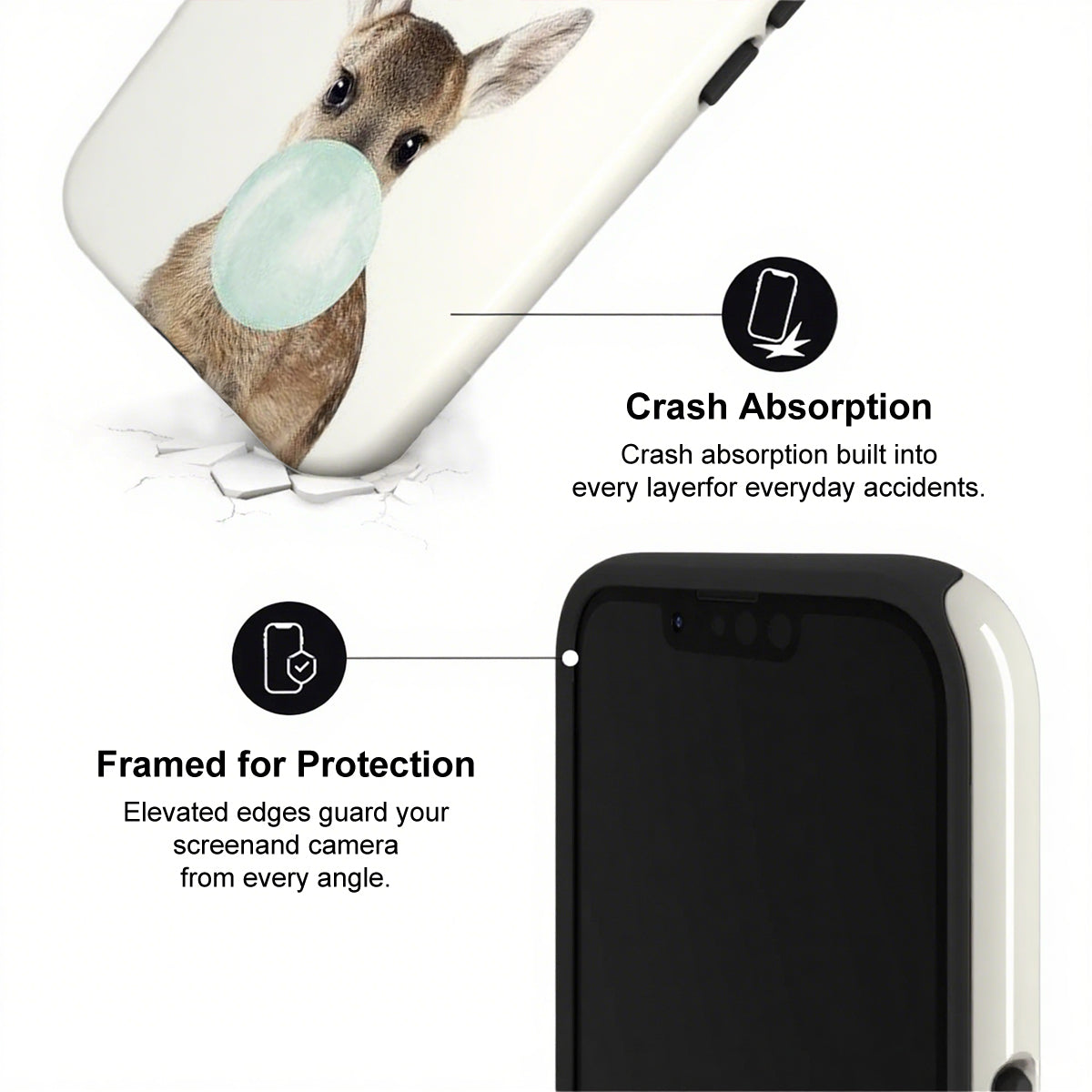 Phone case with a rabbit design and text highlighting crash absorption and protection features.