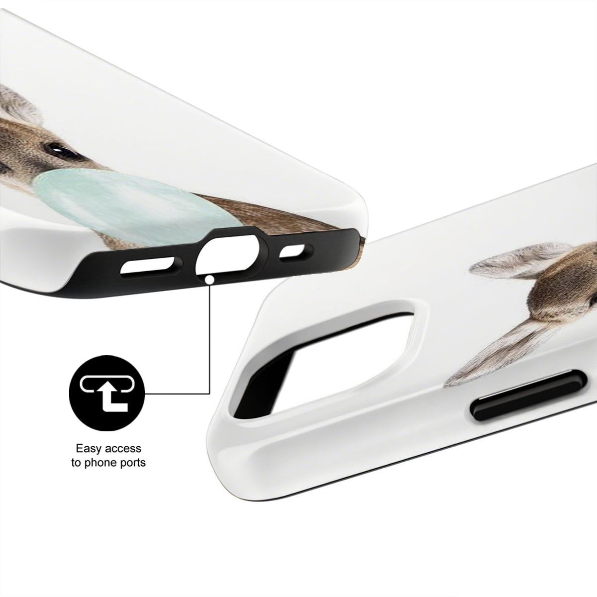Phone case with a dog design and text indicating easy access to phone ports on a white background