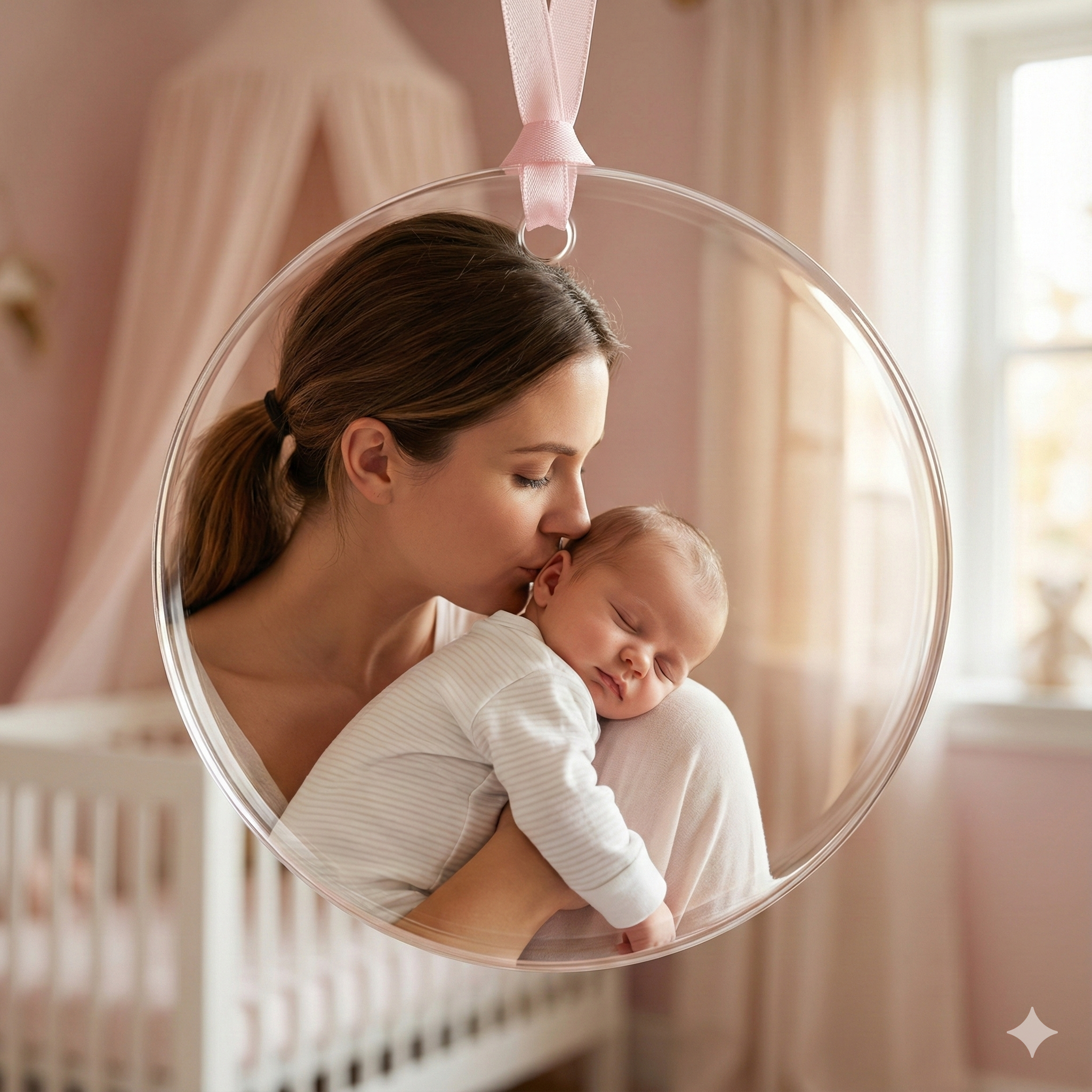 Ornament for Woman holding a baby in a softly lit room with a crib in the background