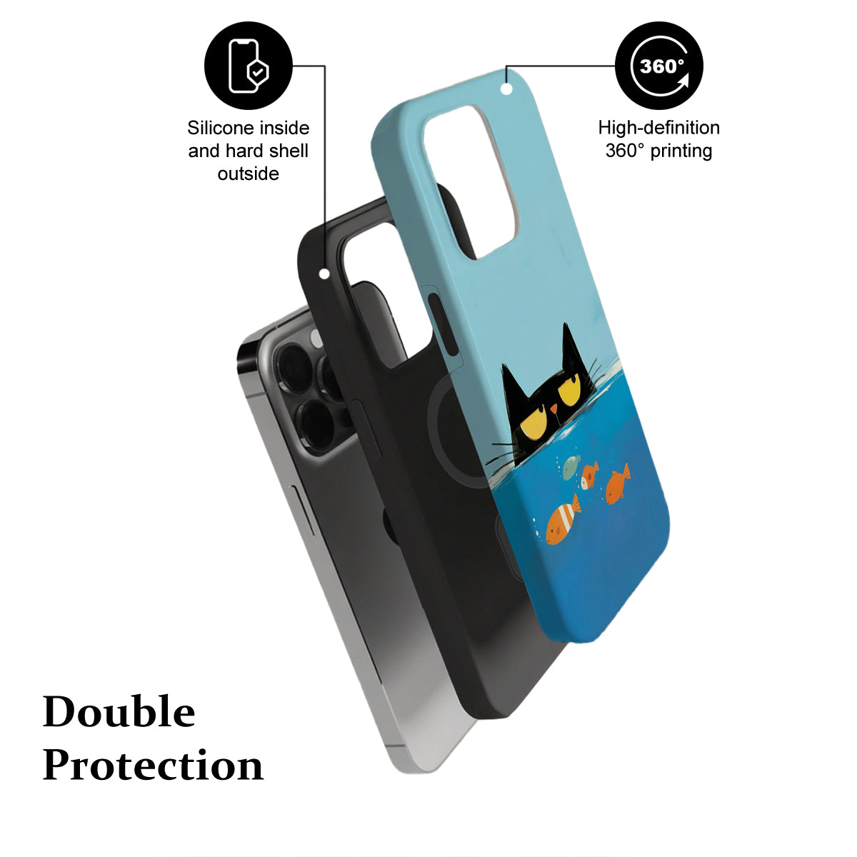 Phone case with cat design and text highlighting features on a white background