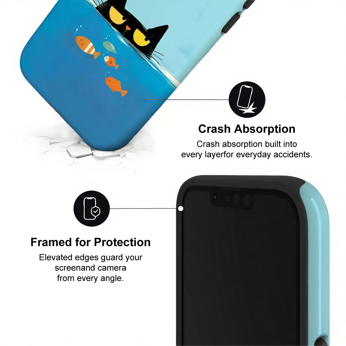 Phone case with cartoon cat and fish design, labeled 'Crash Absorption' and 'Framed for Protection'.