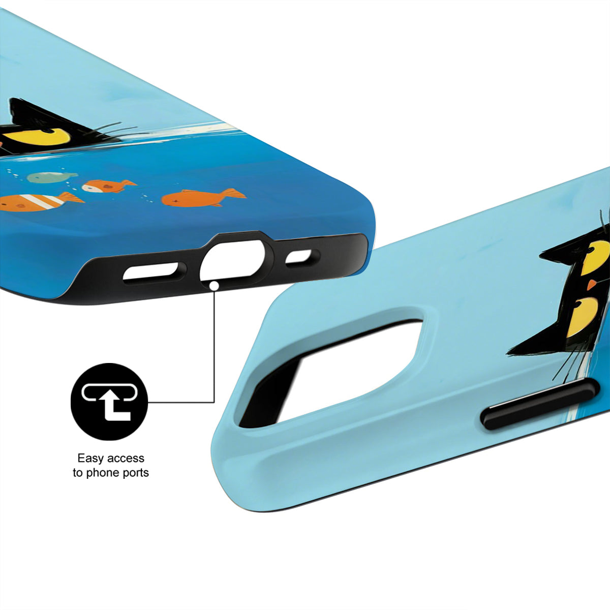 Phone case with cartoon cat and fish design, showing ease of access to phone ports.