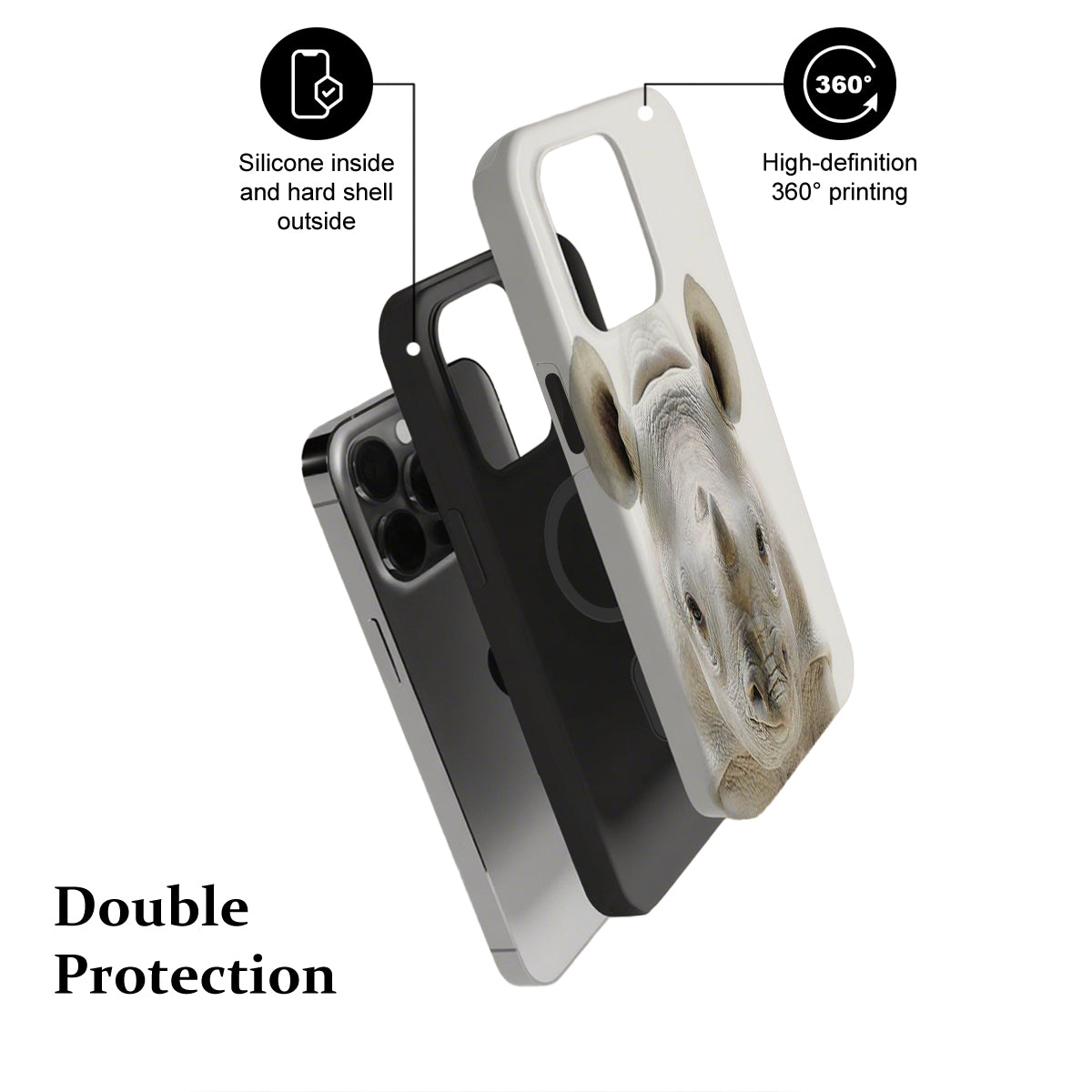 Phone case with 360-degree printing and double protection features on a white background
