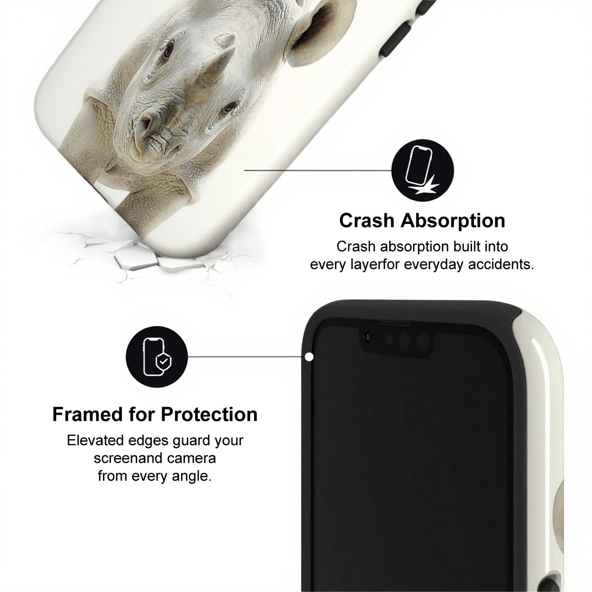 Phone case with a bear design and text highlighting crash absorption and protection features.