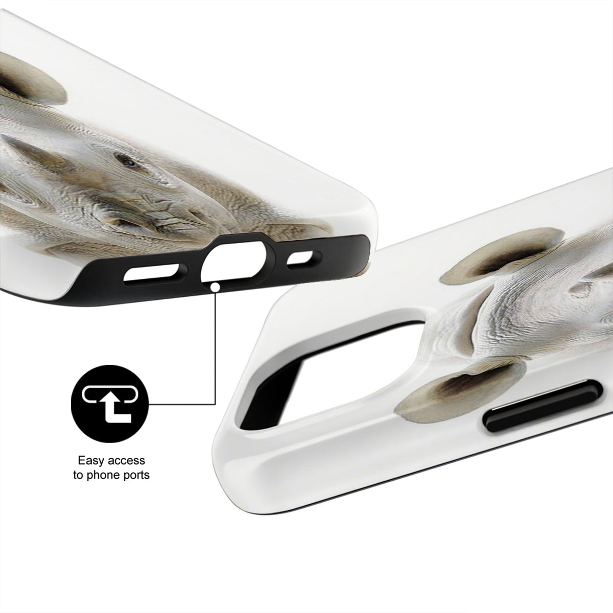 Phone case with clear design and text indicating easy access to phone ports