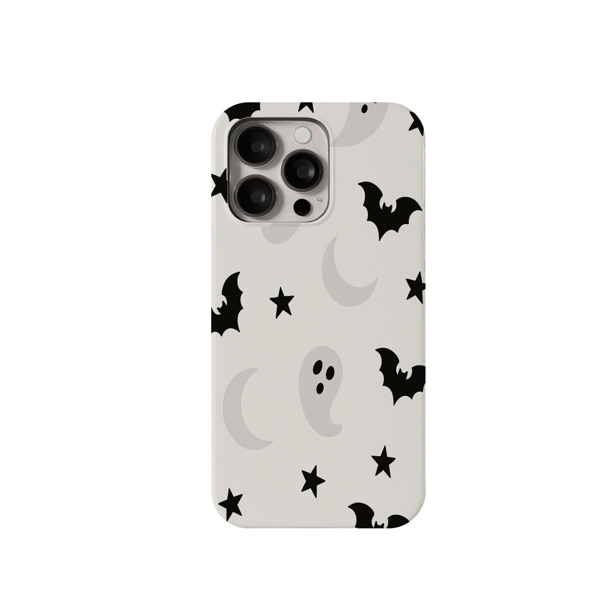 Phone case with Halloween design featuring bats, ghosts, and stars on a white background