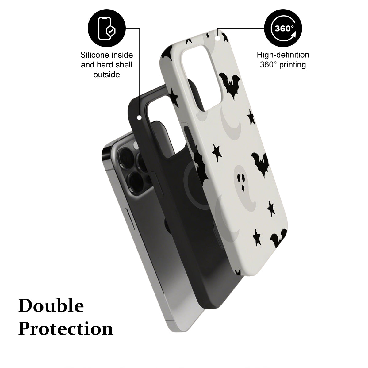 Phone case with black star pattern on white background, showing features like silicone inside and hard shell outside.