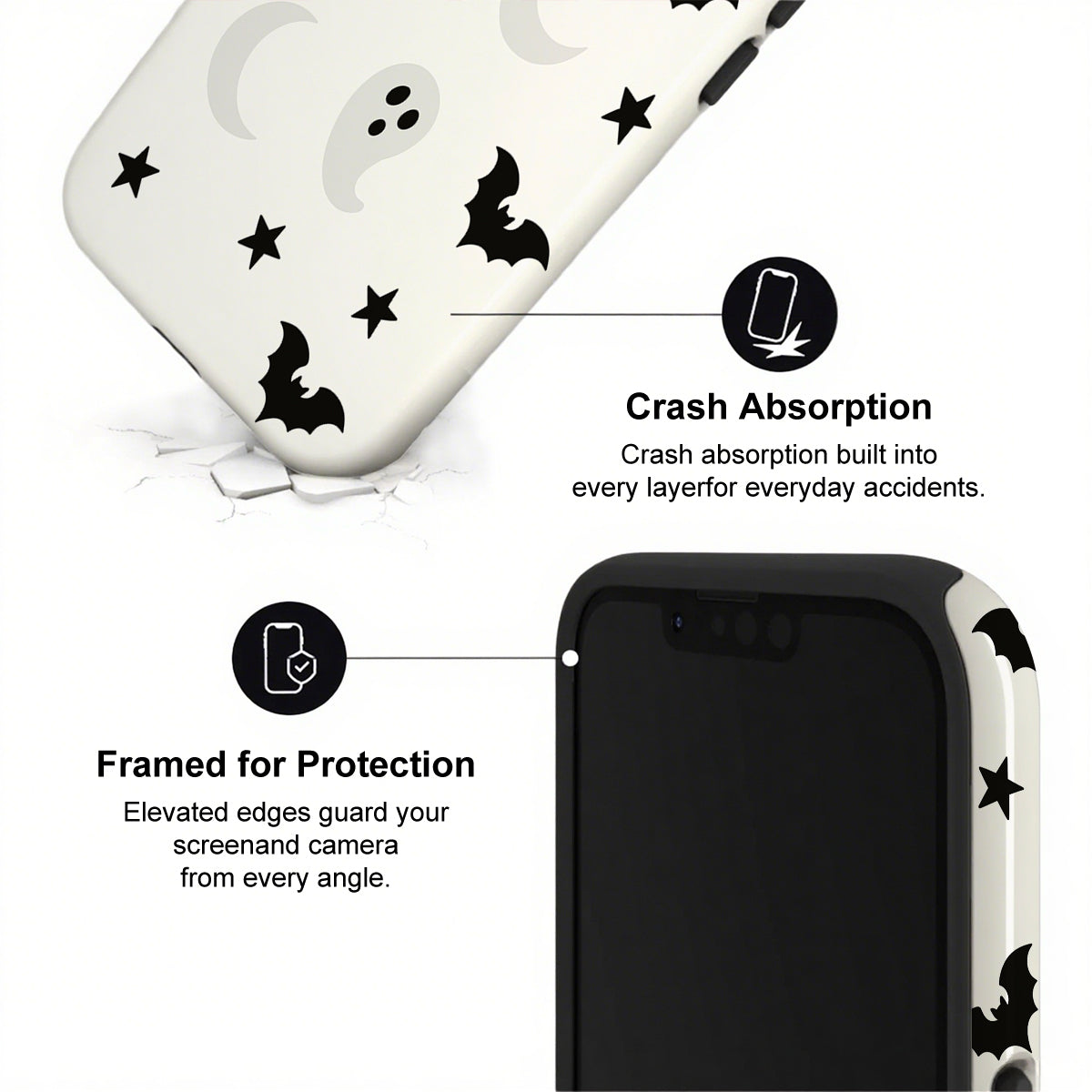 Phone case with ghost and bat design, highlighting crash absorption and protection features.