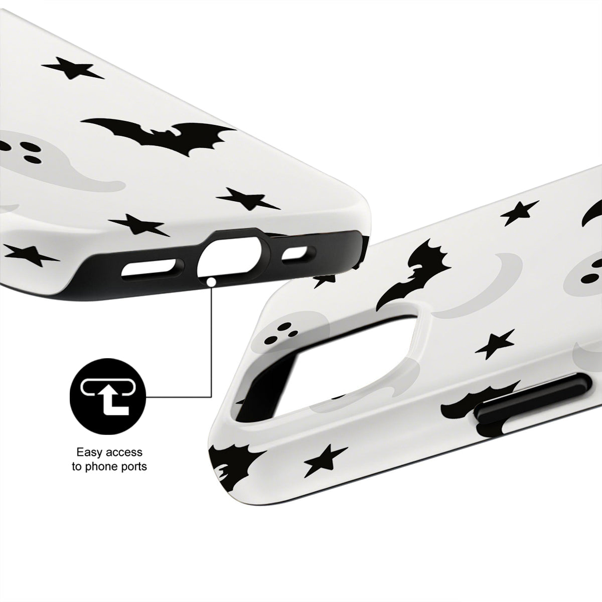 White phone case with black star and bat pattern on a white background