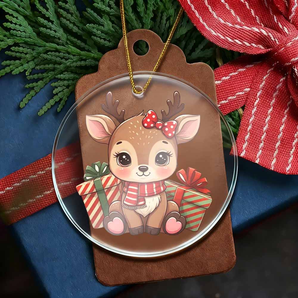 Christmas ornament with a reindeer design on a brown tag, surrounded by greenery and ribbons.