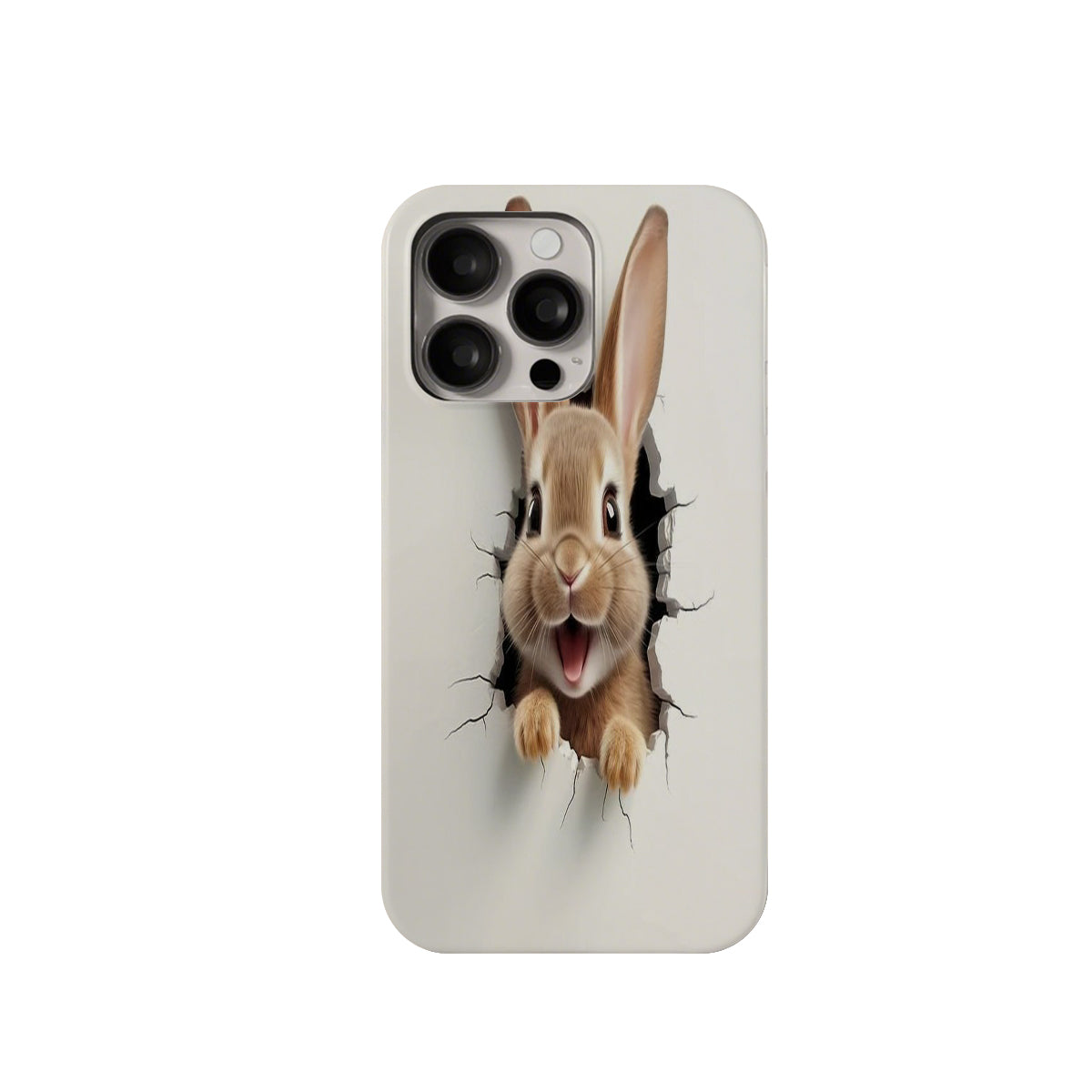 Phone case with a rabbit design peering through a hole on a white background