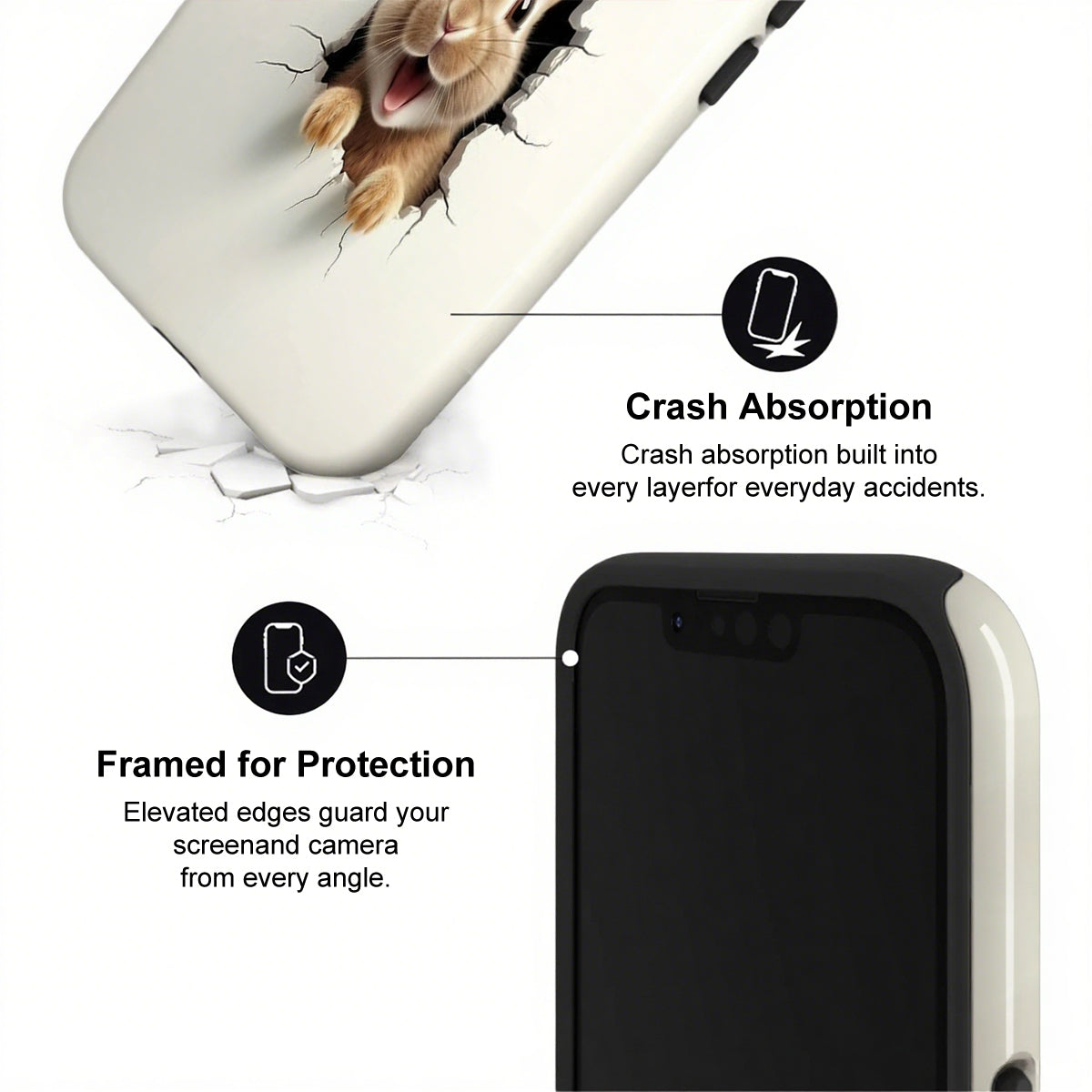Phone case with cat design and text highlighting crash absorption and protection features.