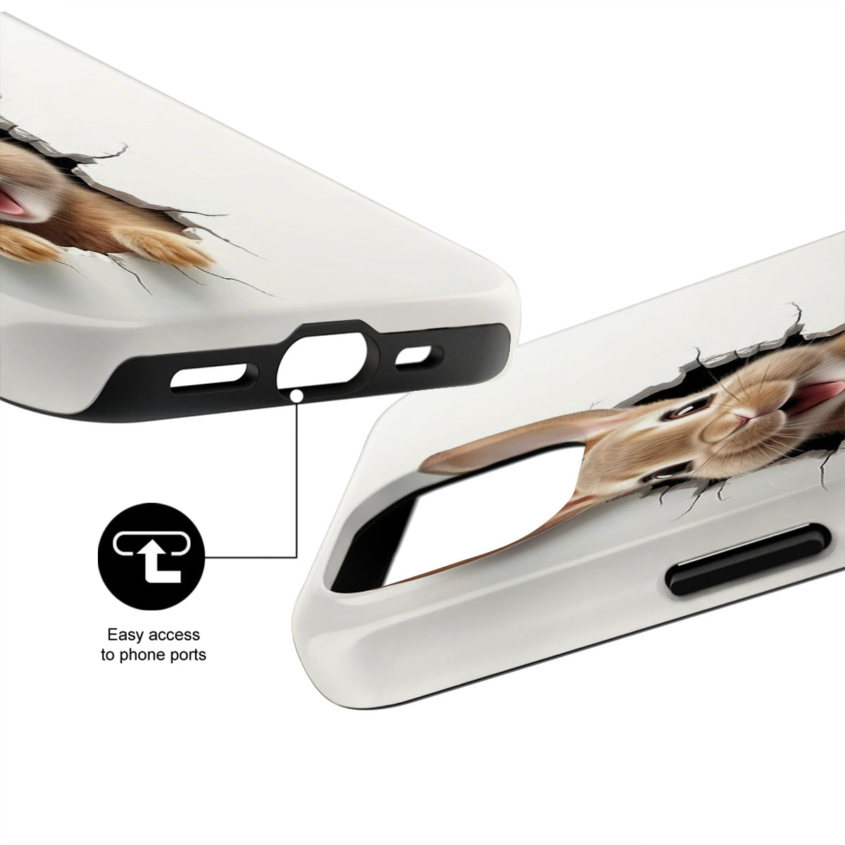 Phone case with a rabbit design and text indicating easy access to phone ports.