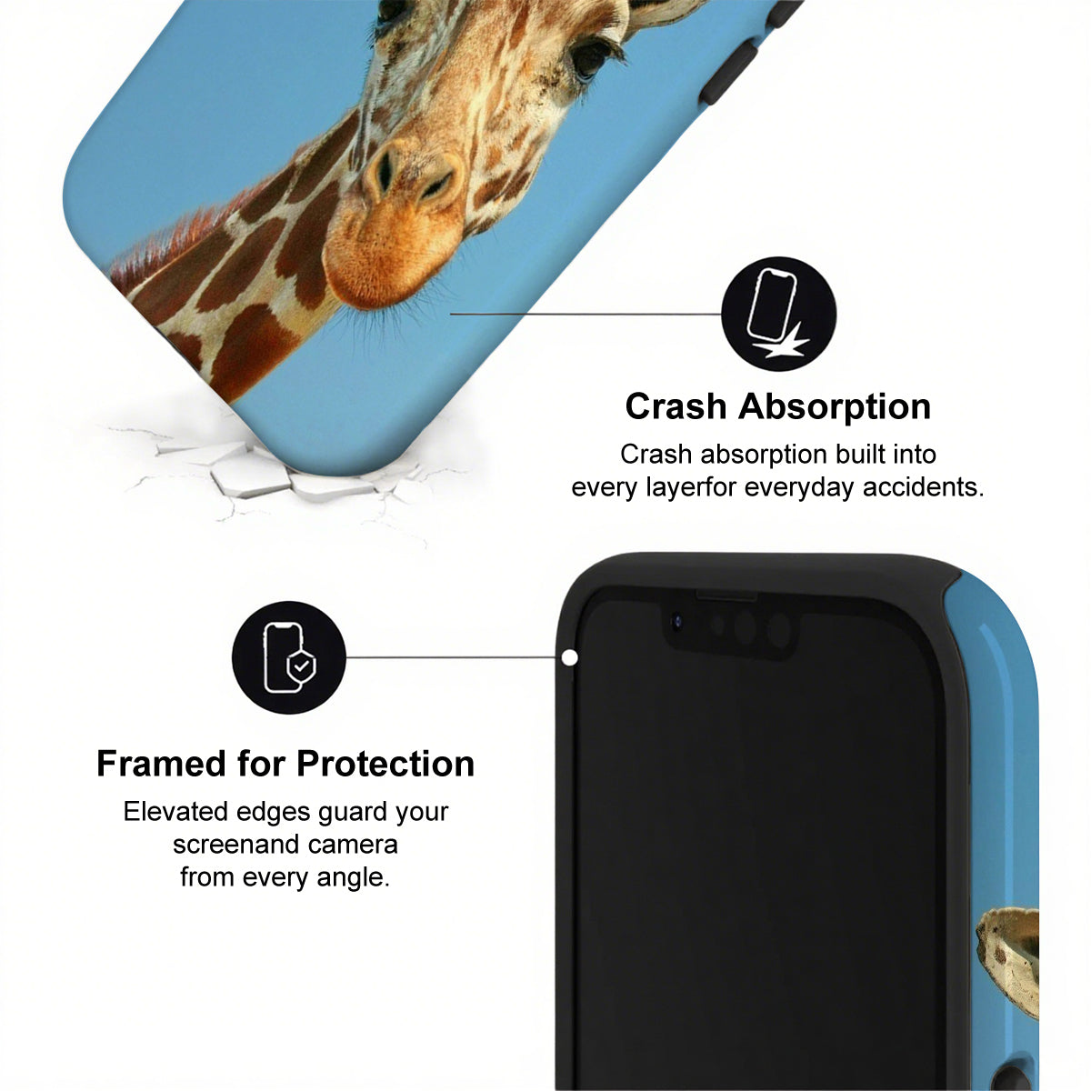 Phone case with giraffe design and text about crash absorption and screen protection.