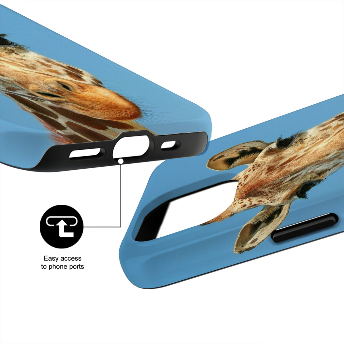 Phone case with giraffe design and text 'Easy access to phone ports' on a white background