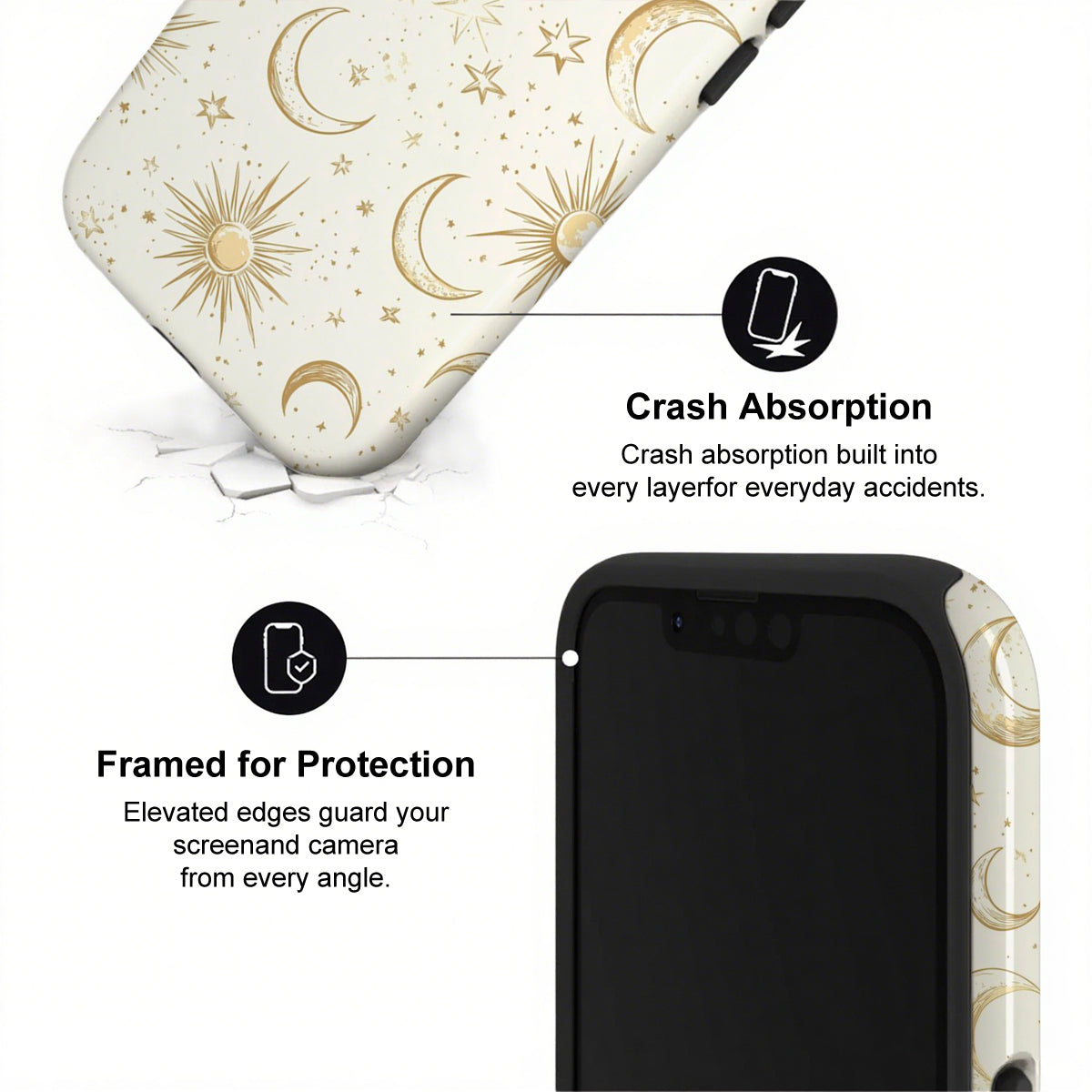 Phone case with celestial pattern and text highlighting crash absorption and protection features.