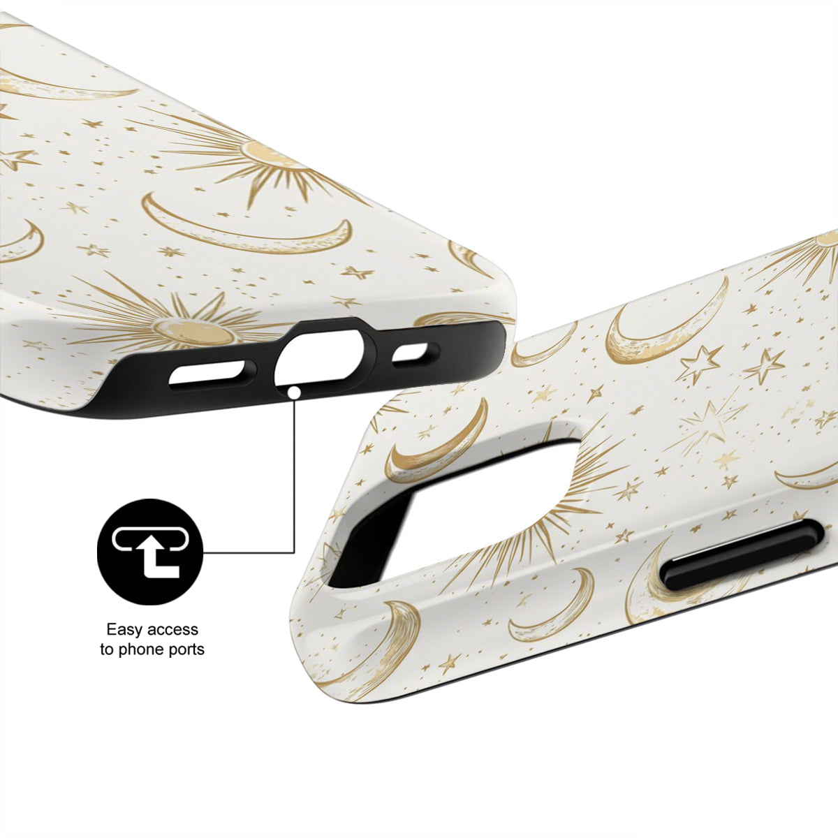 Phone case with celestial design and text 'Easy access to phone ports' on a white background