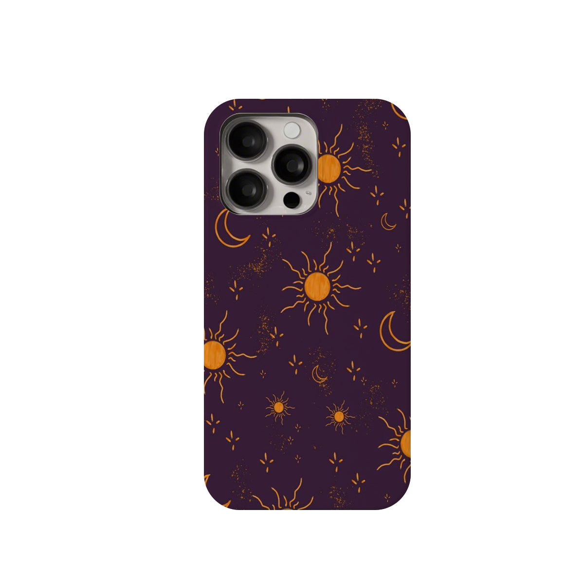 Phone case with sun and moon pattern on a purple background