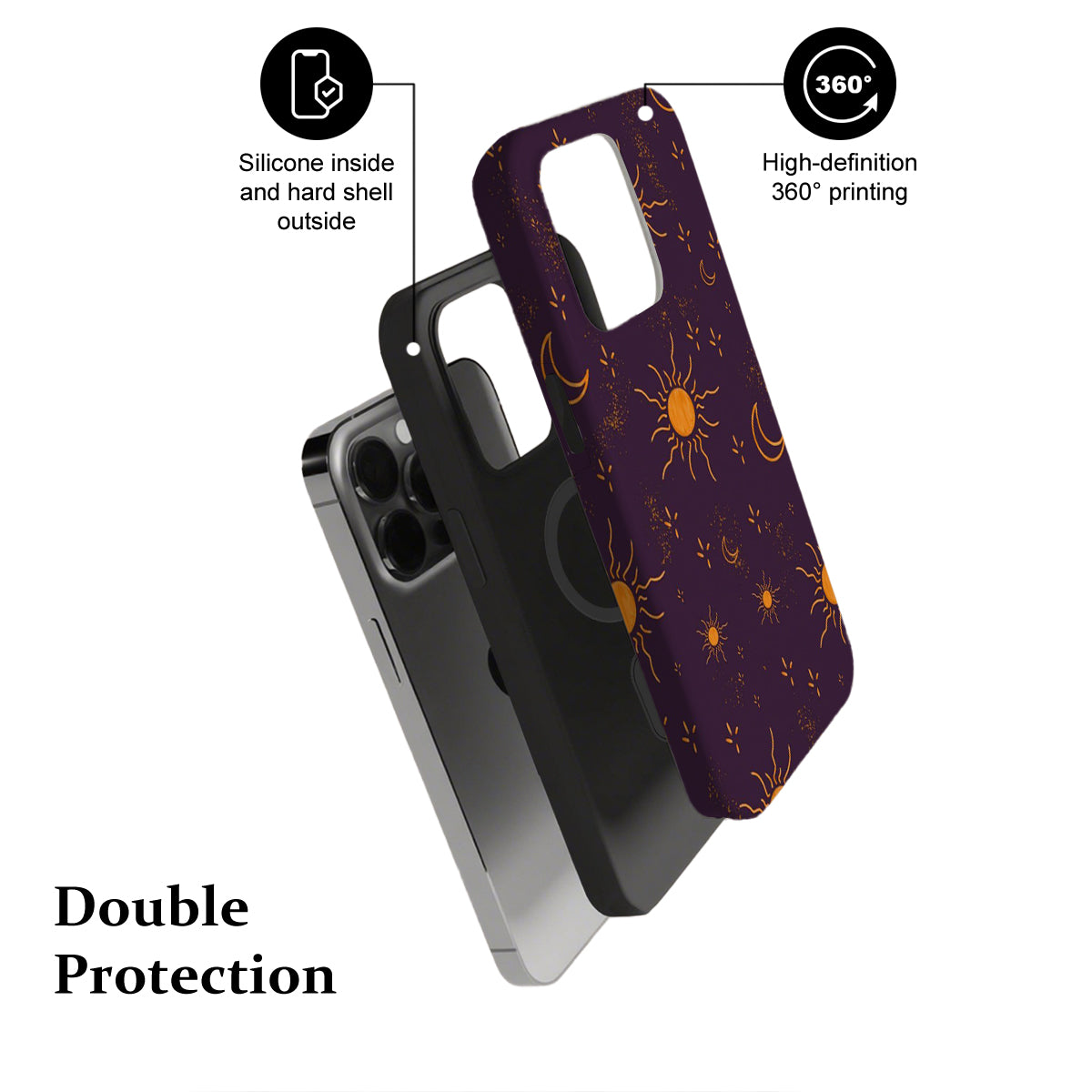 Phone case with purple design featuring suns and moons, labeled 'Double Protection' on a white background.