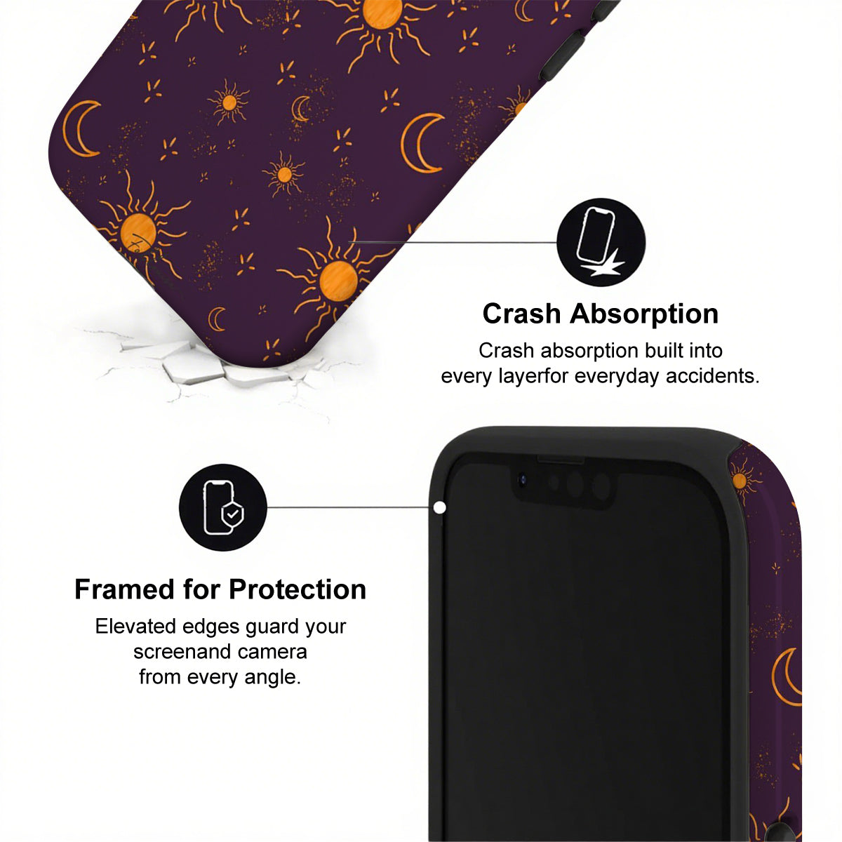 Phone case with sun and moon pattern and text about crash absorption and protection.