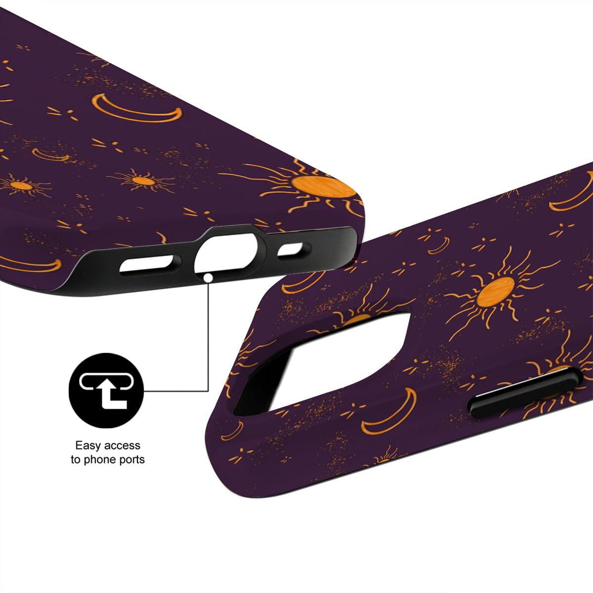 Purple phone case with sun and moon pattern and text 'Easy access to phone ports'.