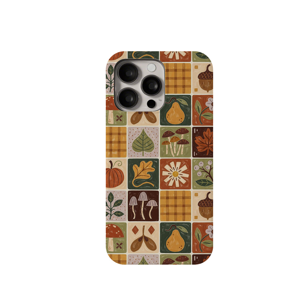 Phone case with autumn-themed pattern on a white background