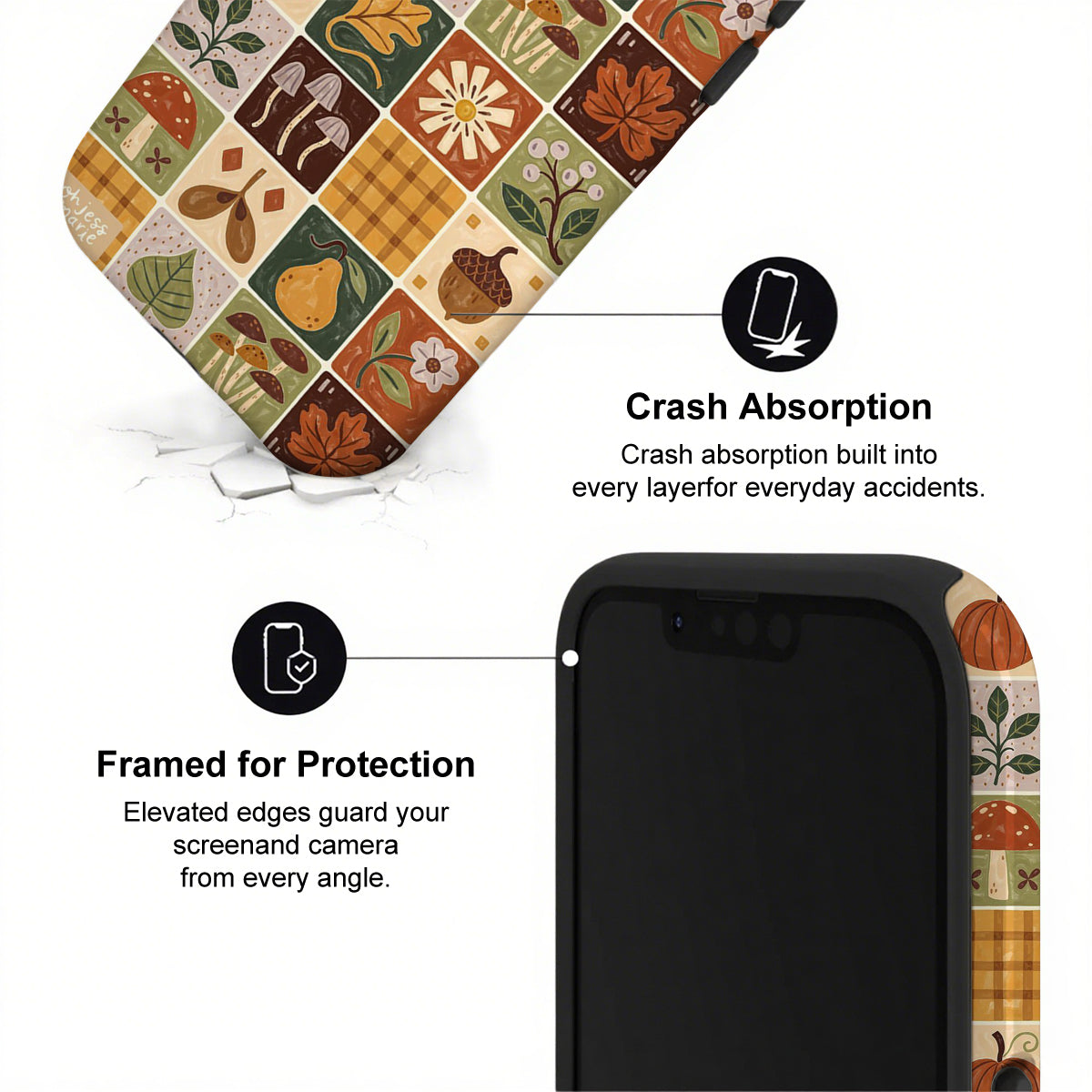 Phone case with autumn-themed design and text highlighting crash absorption and protection.
