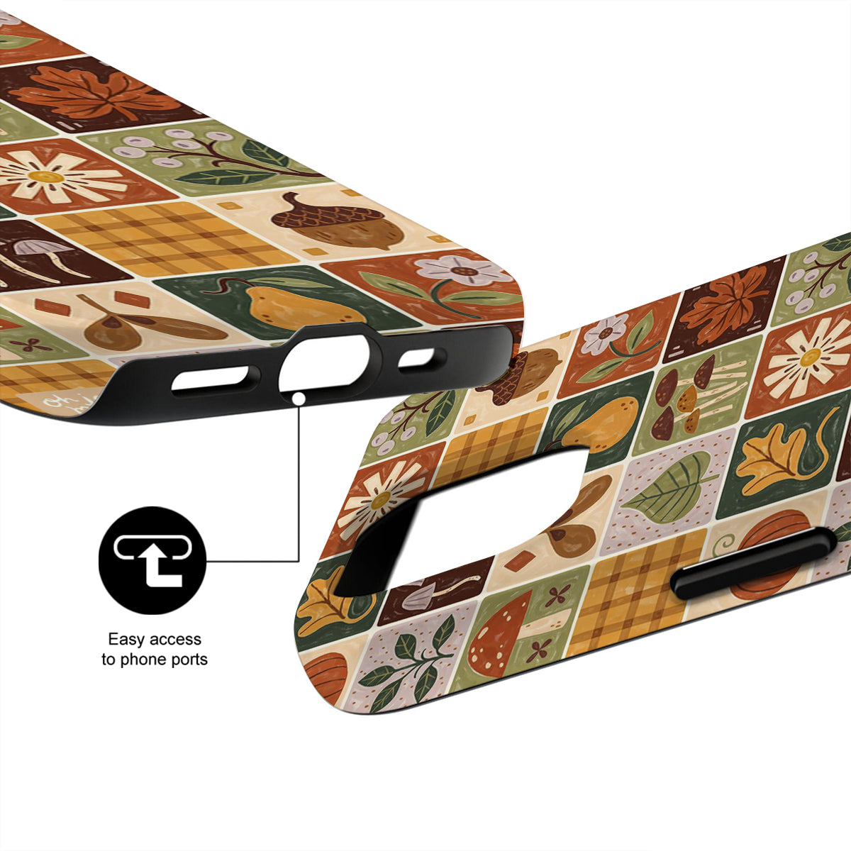 Phone case with autumn-themed design on a white background