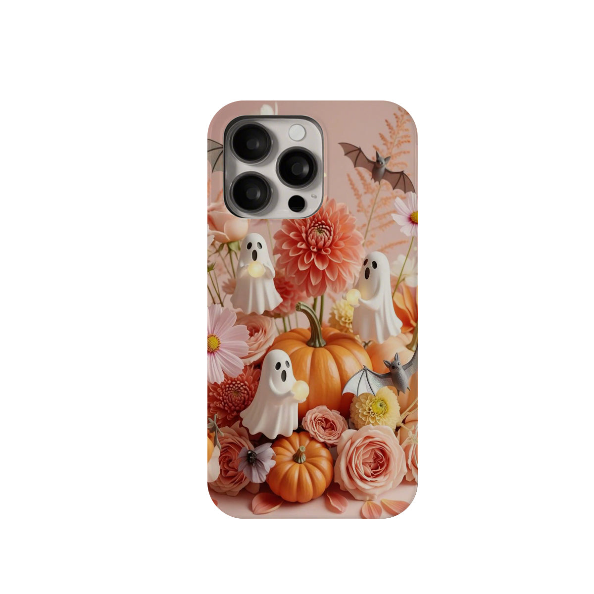 Phone case with Halloween-themed design featuring pumpkins, ghosts, and flowers on a white background.