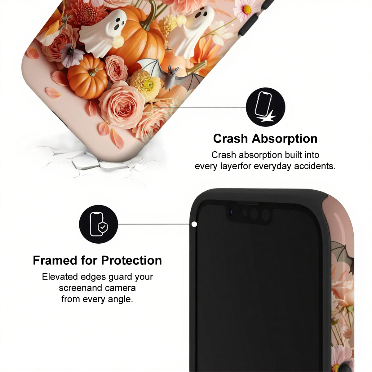 Phone case with Halloween design featuring pumpkins and ghosts, showing crash absorption and framed protection features.