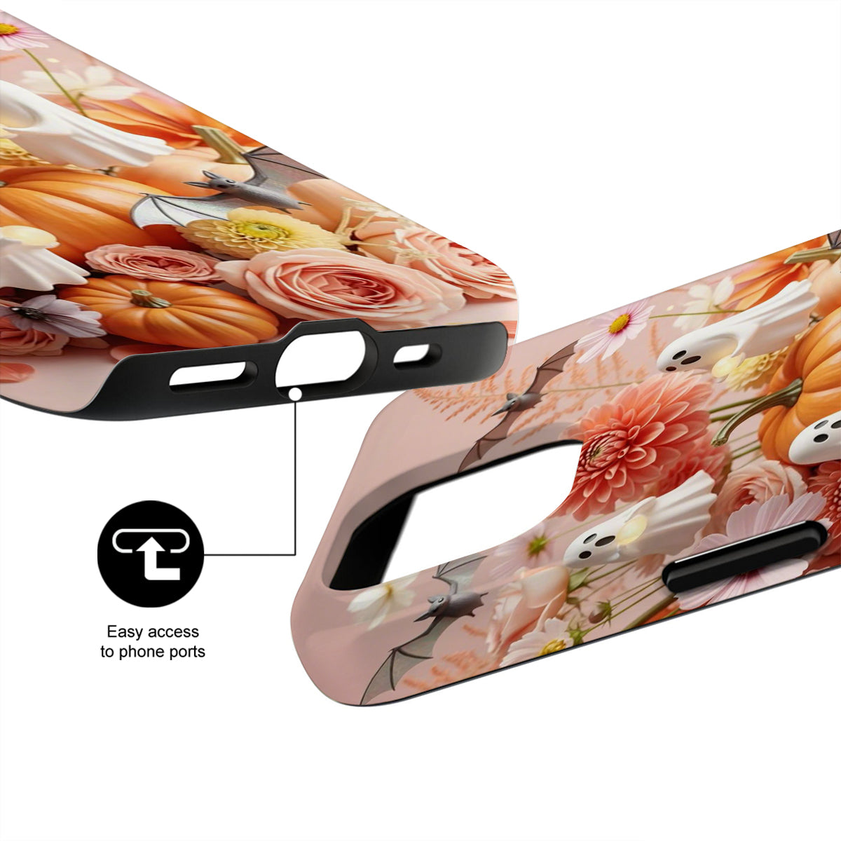 Phone case with floral and pumpkin design on a white background