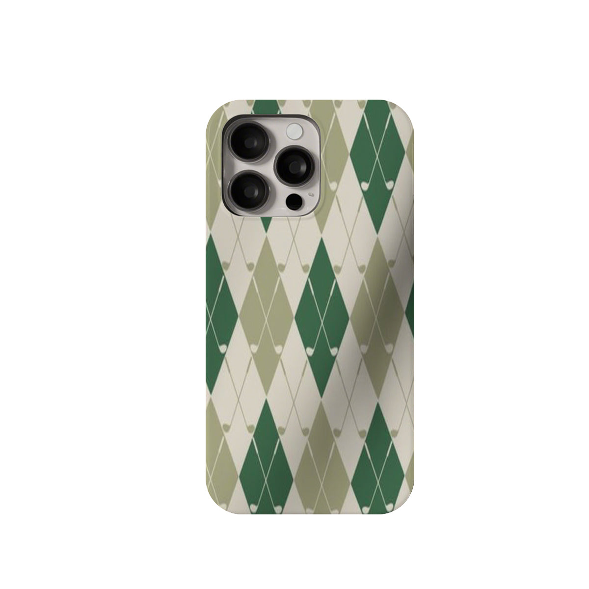 Phone case with green and beige argyle pattern on a white background
