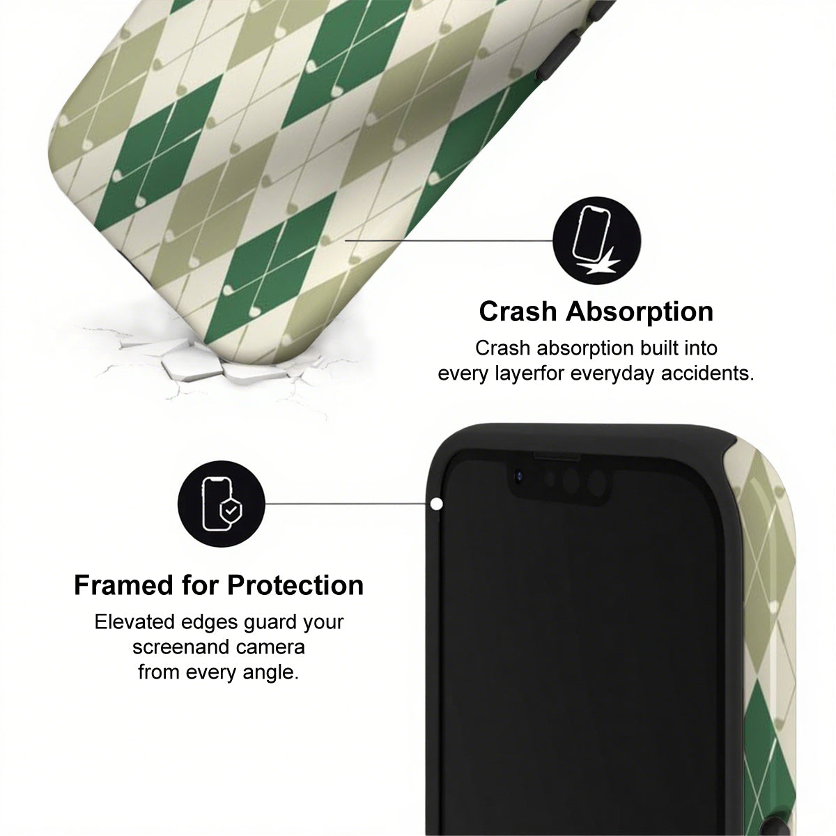 Phone case with green geometric pattern and text highlighting crash absorption and protection features.