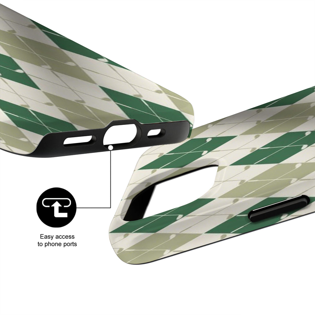 Camouflage phone case with ports labeled on a white background