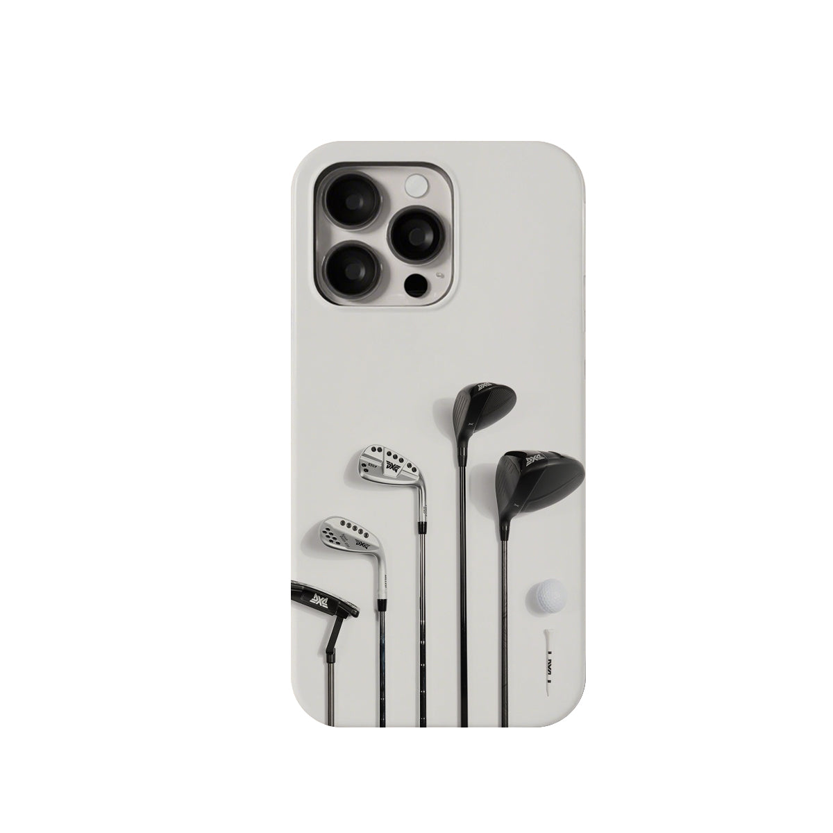 Phone case with golf club design on a white background