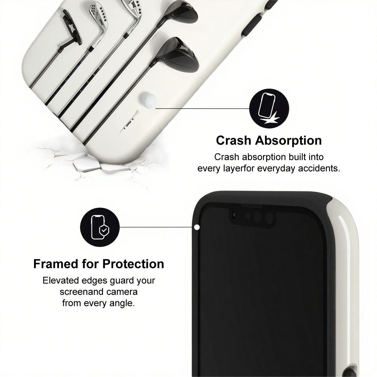 Phone case with crash absorption and protection features on a white background