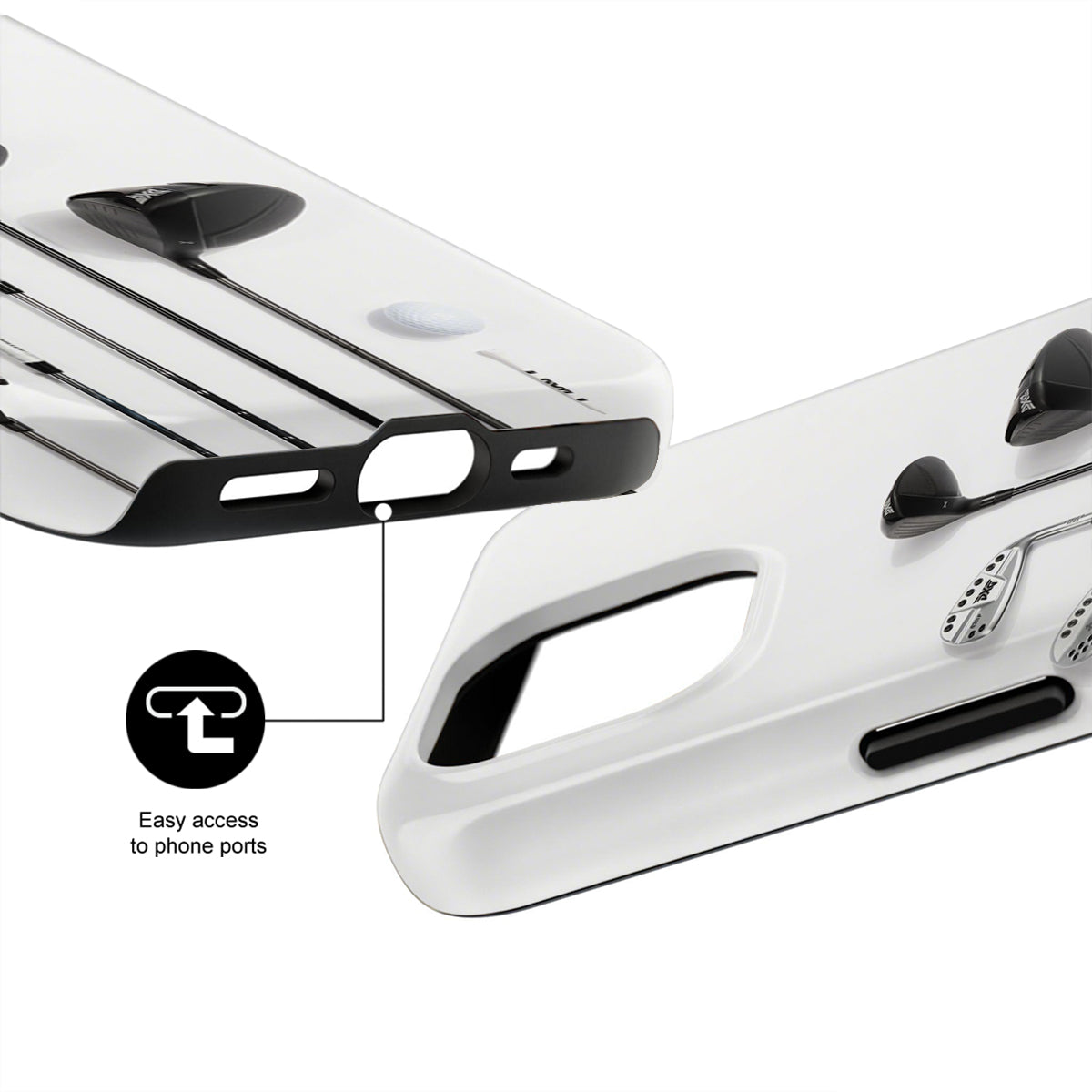 Close-up of a phone case with ports and text 'Easy access to phone ports' on a white background