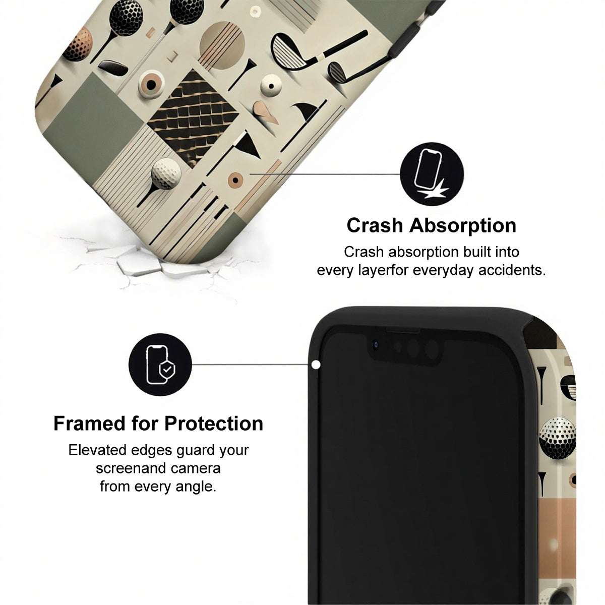 Phone case with design and text highlighting crash absorption and protection features.