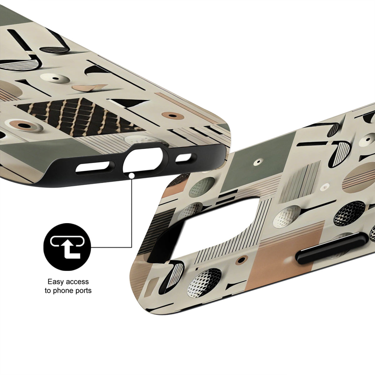 Phone case with geometric pattern and easy access to phone ports feature