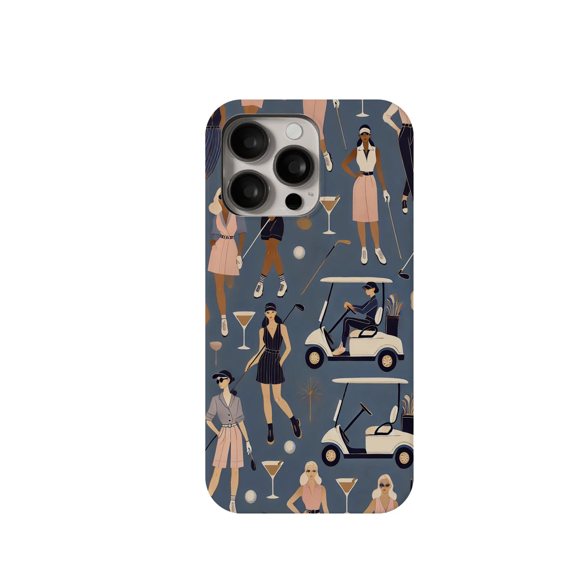 Phone case with golf-themed design featuring people, golf carts, and drinks on a blue background