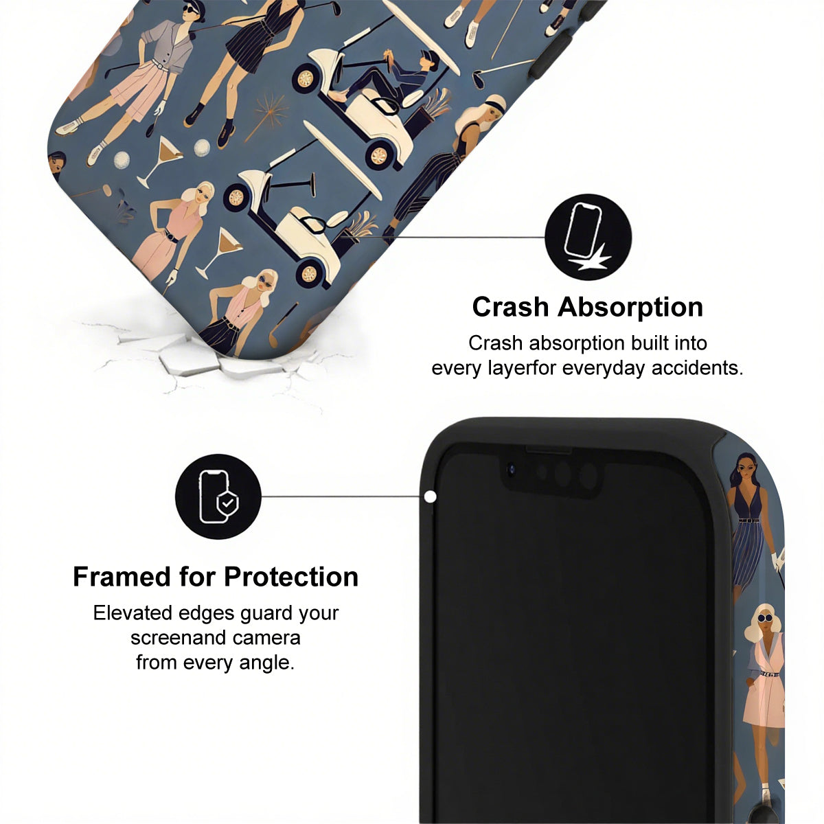 Phone case with illustrated design and text about crash absorption and protection.