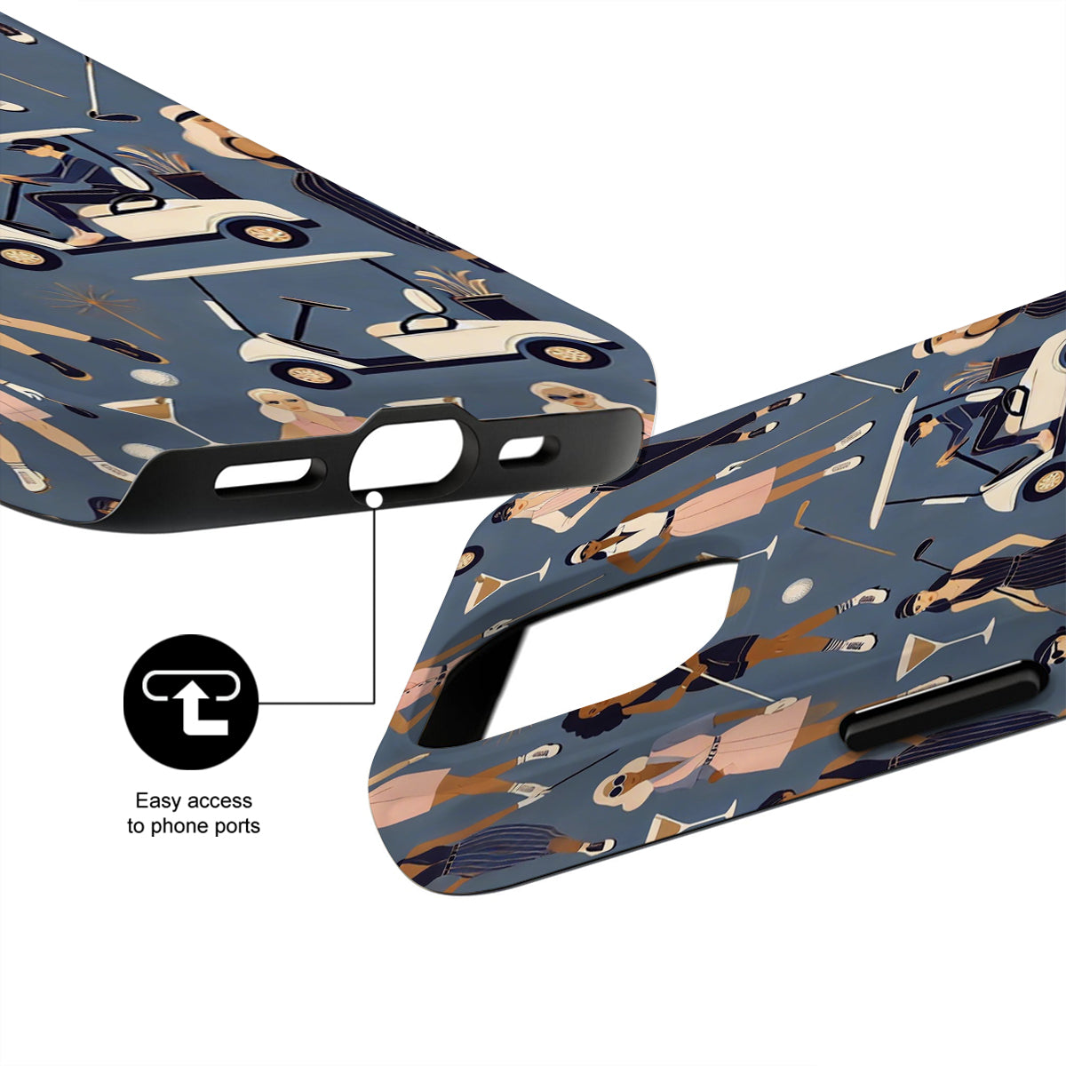 Phone case with artistic design and text indicating easy access to phone ports